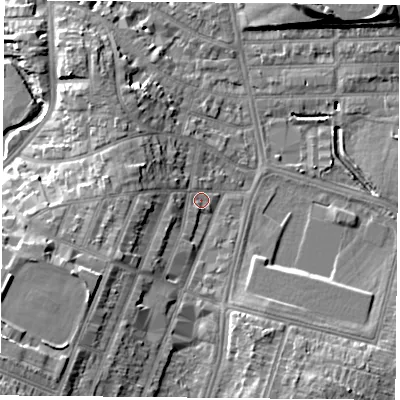Shaded relief map of the ground around LE28BH, computed from Environment Agency LiDAR. The ground here sits at about 61 m above sea level and falls 16 m across the surrounding 800 m. Surface water reaching this point runs off ground lying to the south-west, 6.1 m higher.
