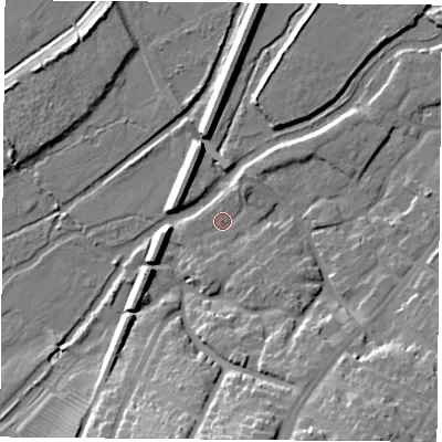 Shaded relief map of the ground around LE28LG, computed from Environment Agency LiDAR. The ground here sits at about 60 m above sea level and falls 20 m across the surrounding 800 m. Surface water reaching this point runs off ground lying to the south-east, 3.5 m higher.