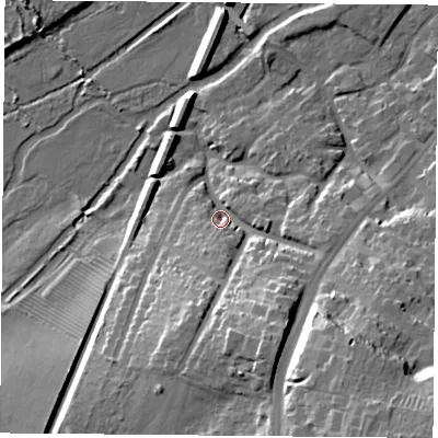 Shaded relief map of the ground around LE28LR, computed from Environment Agency LiDAR. The ground here sits at about 63 m above sea level and falls 32 m across the surrounding 800 m. Surface water reaching this point runs off ground lying to the south-south-east, 20.0 m higher.