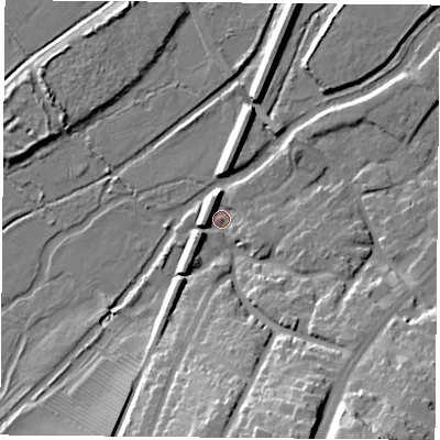 Shaded relief map of the ground around LE28LT, computed from Environment Agency LiDAR. The ground here sits at about 60 m above sea level and falls 27 m across the surrounding 800 m. Surface water reaching this point runs off ground lying to the south-south-east, 22.6 m higher.