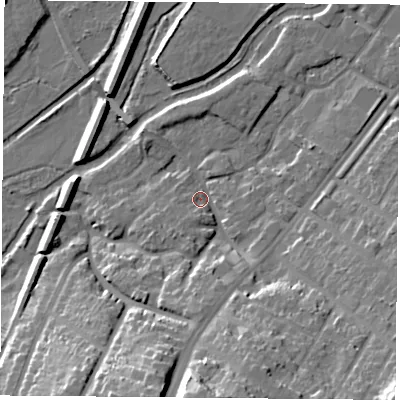 Shaded relief map of the ground around LE28LU, computed from Environment Agency LiDAR. The ground here sits at about 60 m above sea level and falls 26 m across the surrounding 800 m. Surface water reaching this point runs off ground lying to the south, 9.9 m higher.
