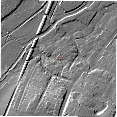 Shaded relief map of the ground around LE28NG, computed from Environment Agency LiDAR. The ground here sits at about 63 m above sea level and falls 28 m across the surrounding 800 m. Surface water reaching this point runs off ground lying to the south-south-east, 7.1 m higher.