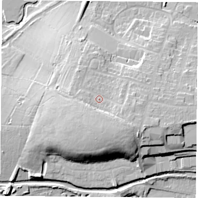 Shaded relief map of the ground around LE29JP, computed from Environment Agency LiDAR. The ground here sits at about 79 m above sea level and falls 25 m across the surrounding 800 m. Surface water reaching this point runs off ground lying to the south-south-east, 6.1 m higher.