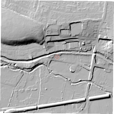 Shaded relief map of the ground around LE29TG, computed from Environment Agency LiDAR. The ground here sits at about 65 m above sea level and falls 23 m across the surrounding 800 m. Surface water reaching this point runs off ground lying to the north-north-east, 2.6 m higher.