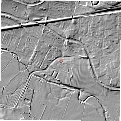 Shaded relief map of the ground around LE29TL, computed from Environment Agency LiDAR. The ground here sits at about 66 m above sea level and falls 19 m across the surrounding 800 m. Surface water reaching this point runs off ground lying to the north-east, 17.3 m higher.