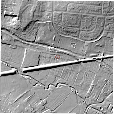 Shaded relief map of the ground around LE29TU, computed from Environment Agency LiDAR. The ground here sits at about 68 m above sea level and falls 22 m across the surrounding 800 m. Surface water reaching this point runs off ground lying to the north-east, 3.9 m higher.