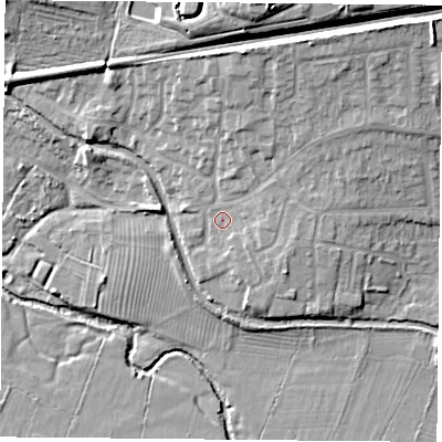 Shaded relief map of the ground around LE29TW, computed from Environment Agency LiDAR. The ground here sits at about 70 m above sea level and falls 21 m across the surrounding 800 m. Surface water reaching this point runs off ground lying to the north-east, 2.7 m higher.