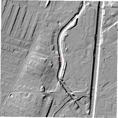 Shaded relief map of the ground around LE30AB, computed from Environment Agency LiDAR. The ground here sits at about 56 m above sea level and falls 11 m across the surrounding 800 m. Surface water reaching this point runs off ground lying to the west-south-west, 8.6 m higher.