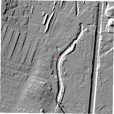 Shaded relief map of the ground around LE30AL, computed from Environment Agency LiDAR. The ground here sits at about 55 m above sea level and falls 13 m across the surrounding 800 m. Surface water reaching this point runs off ground lying to the south-south-west, 8.6 m higher.