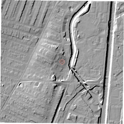 Shaded relief map of the ground around LE30BB, computed from Environment Agency LiDAR. The ground here sits at about 58 m above sea level and falls 12 m across the surrounding 800 m. Surface water reaching this point runs off ground lying to the west-north-west, 4.5 m higher.