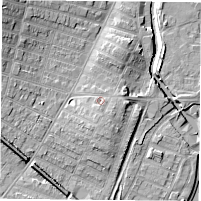 Shaded relief map of the ground around LE30BG, computed from Environment Agency LiDAR. The ground here sits at about 62 m above sea level and falls 16 m across the surrounding 800 m. Surface water reaching this point runs off ground lying to the south, 2.1 m higher.