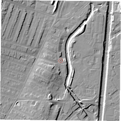 Shaded relief map of the ground around LE30GA, computed from Environment Agency LiDAR. The ground here sits at about 57 m above sea level and falls 11 m across the surrounding 800 m. Surface water reaching this point runs off ground lying to the west-south-west, 4.1 m higher.