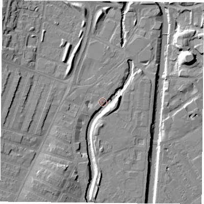 Shaded relief map of the ground around LE30GR, computed from Environment Agency LiDAR. The ground here sits at about 56 m above sea level and falls 13 m across the surrounding 800 m. Surface water reaching this point runs off ground lying to the south-south-west, 8.6 m higher.