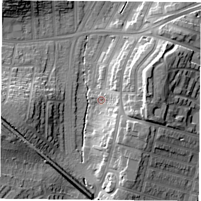 Shaded relief map of the ground around LE30JS, computed from Environment Agency LiDAR. The ground here sits at about 62 m above sea level and falls 20 m across the surrounding 800 m. Surface water reaching this point runs off ground lying to the east-south-east, 8.9 m higher.