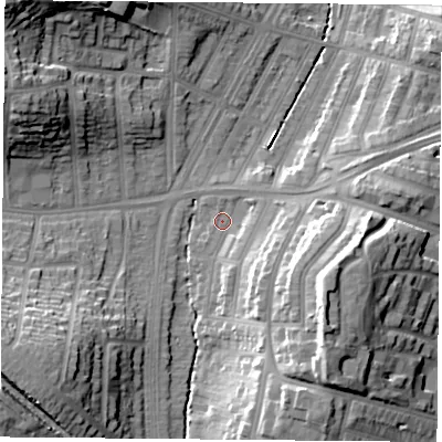 Shaded relief map of the ground around LE30SH, computed from Environment Agency LiDAR. The ground here sits at about 60 m above sea level and falls 22 m across the surrounding 800 m. Surface water reaching this point runs off ground lying to the south-east, 9.1 m higher.