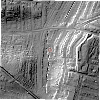 Shaded relief map of the ground around LE30SJ, computed from Environment Agency LiDAR. The ground here sits at about 61 m above sea level and falls 21 m across the surrounding 800 m. Surface water reaching this point runs off ground lying to the west-south-west, 16.3 m higher.