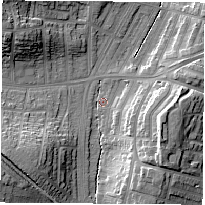 Shaded relief map of the ground around LE30SL, computed from Environment Agency LiDAR. The ground here sits at about 60 m above sea level and falls 22 m across the surrounding 800 m. Surface water reaching this point runs off ground lying to the south-east, 16.2 m higher.