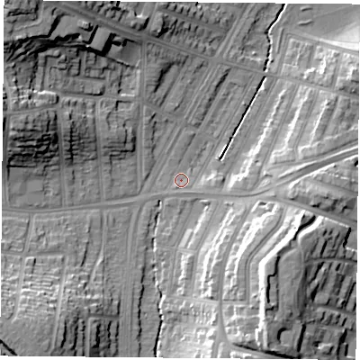 Shaded relief map of the ground around LE30TH, computed from Environment Agency LiDAR. The ground here sits at about 60 m above sea level and falls 25 m across the surrounding 800 m. Surface water reaching this point runs off ground lying to the south-east, 1.7 m higher.