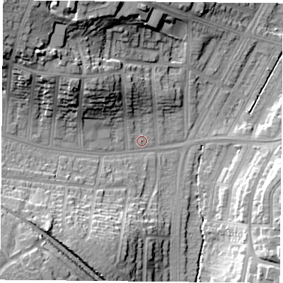 Shaded relief map of the ground around LE30TJ, computed from Environment Agency LiDAR. The ground here sits at about 60 m above sea level and falls 27 m across the surrounding 800 m. Surface water reaching this point runs off ground lying to the north-west, 24.5 m higher.