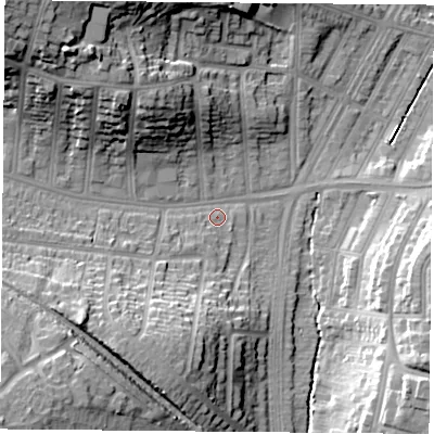 Shaded relief map of the ground around LE30TL, computed from Environment Agency LiDAR. The ground here sits at about 61 m above sea level and falls 26 m across the surrounding 800 m. Surface water reaching this point runs off ground lying to the south-west, 16.4 m higher.