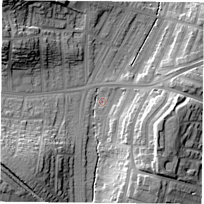 Shaded relief map of the ground around LE30UP, computed from Environment Agency LiDAR. The ground here sits at about 60 m above sea level and falls 22 m across the surrounding 800 m. Surface water reaching this point runs off ground lying to the south-south-east, 16.3 m higher.