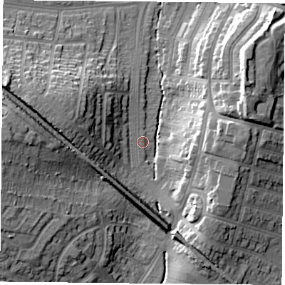 Shaded relief map of the ground around LE30UT, computed from Environment Agency LiDAR. The ground here sits at about 62 m above sea level and falls 21 m across the surrounding 800 m. Surface water reaching this point runs off ground lying to the west-north-west, 13.0 m higher.