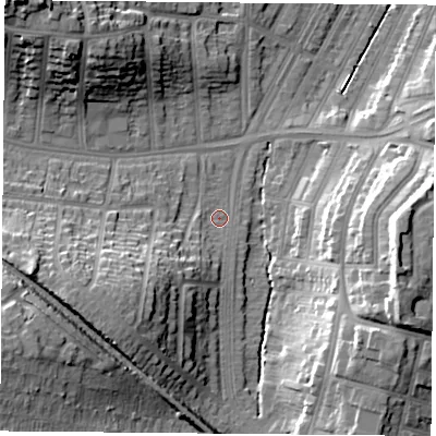 Shaded relief map of the ground around LE30UU, computed from Environment Agency LiDAR. The ground here sits at about 61 m above sea level and falls 24 m across the surrounding 800 m. Surface water reaching this point runs off ground lying to the south-west, 13.6 m higher.