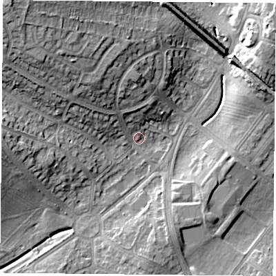 Shaded relief map of the ground around LE31AQ, computed from Environment Agency LiDAR. The ground here sits at about 65 m above sea level and falls 22 m across the surrounding 800 m. Surface water reaching this point runs off ground lying to the north-west, 18.7 m higher.