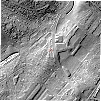 Shaded relief map of the ground around LE31BJ, computed from Environment Agency LiDAR. The ground here sits at about 68 m above sea level and falls 13 m across the surrounding 800 m. Surface water reaching this point runs off ground lying to the south-east, 2.1 m higher.