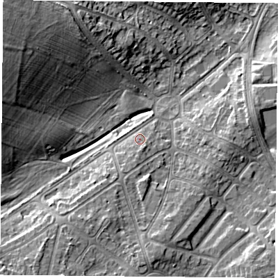 Shaded relief map of the ground around LE31EF, computed from Environment Agency LiDAR. The ground here sits at about 68 m above sea level and falls 18 m across the surrounding 800 m. Surface water reaching this point runs off ground lying to the south-south-east, 2.0 m higher.