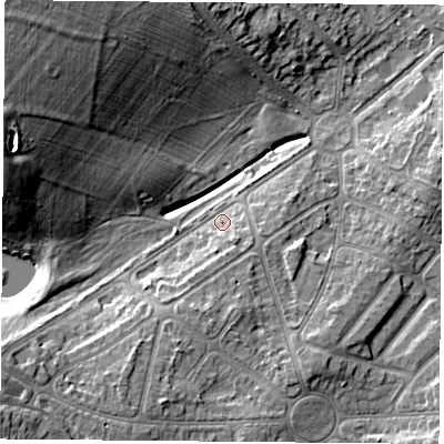 Shaded relief map of the ground around LE31EG, computed from Environment Agency LiDAR. The ground here sits at about 68 m above sea level and falls 20 m across the surrounding 800 m. Surface water reaching this point runs off ground lying to the south-south-west, 4.3 m higher.