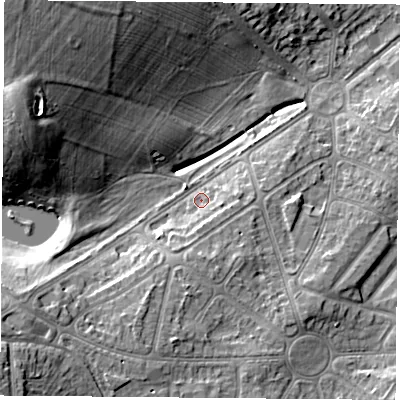 Shaded relief map of the ground around LE31EL, computed from Environment Agency LiDAR. The ground here sits at about 68 m above sea level and falls 20 m across the surrounding 800 m. Surface water reaching this point runs off ground lying to the south, 4.6 m higher.