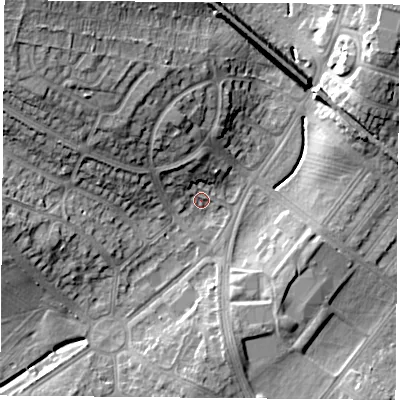 Shaded relief map of the ground around LE31JA, computed from Environment Agency LiDAR. The ground here sits at about 64 m above sea level and falls 21 m across the surrounding 800 m. Surface water reaching this point runs off ground lying to the north-west, 18.1 m higher.