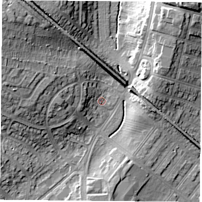 Shaded relief map of the ground around LE31JE, computed from Environment Agency LiDAR. The ground here sits at about 63 m above sea level and falls 21 m across the surrounding 800 m. Surface water reaching this point runs off ground lying to the west, 16.3 m higher.