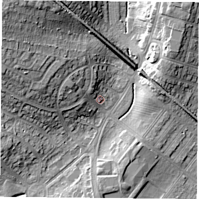 Shaded relief map of the ground around LE31JH, computed from Environment Agency LiDAR. The ground here sits at about 65 m above sea level and falls 22 m across the surrounding 800 m. Surface water reaching this point runs off ground lying to the west-north-west, 7.5 m higher.