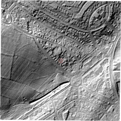 Shaded relief map of the ground around LE31JR, computed from Environment Agency LiDAR. The ground here sits at about 68 m above sea level and falls 18 m across the surrounding 800 m. Surface water reaching this point runs off ground lying to the west-north-west, 4.9 m higher.