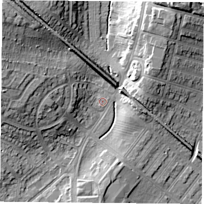 Shaded relief map of the ground around LE31LA, computed from Environment Agency LiDAR. The ground here sits at about 63 m above sea level and falls 20 m across the surrounding 800 m. Surface water reaching this point runs off ground lying to the west, 15.5 m higher.