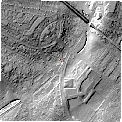 Shaded relief map of the ground around LE31LB, computed from Environment Agency LiDAR. The ground here sits at about 64 m above sea level and falls 20 m across the surrounding 800 m. Surface water reaching this point runs off ground lying to the north-west, 16.3 m higher.