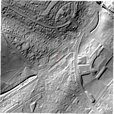 Shaded relief map of the ground around LE31LD, computed from Environment Agency LiDAR. The ground here sits at about 64 m above sea level and falls 17 m across the surrounding 800 m. Surface water reaching this point runs off ground lying to the west-north-west, 12.4 m higher.