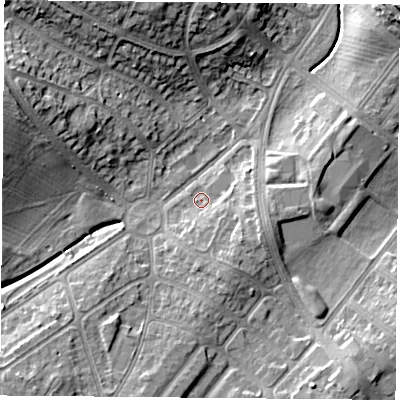 Shaded relief map of the ground around LE31LE, computed from Environment Agency LiDAR. The ground here sits at about 65 m above sea level and falls 15 m across the surrounding 800 m. Surface water reaching this point runs off ground lying to the east-south-east, 4.7 m higher.