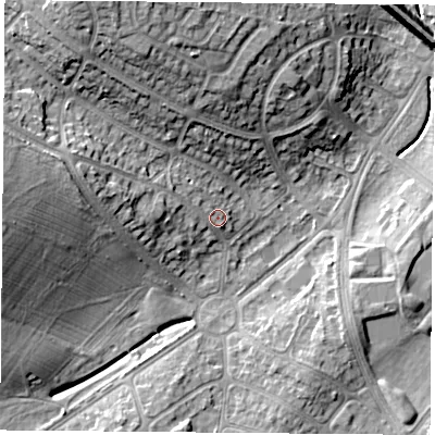 Shaded relief map of the ground around LE31NU, computed from Environment Agency LiDAR. The ground here sits at about 67 m above sea level and falls 20 m across the surrounding 800 m. Surface water reaching this point runs off ground lying to the west, 4.0 m higher.