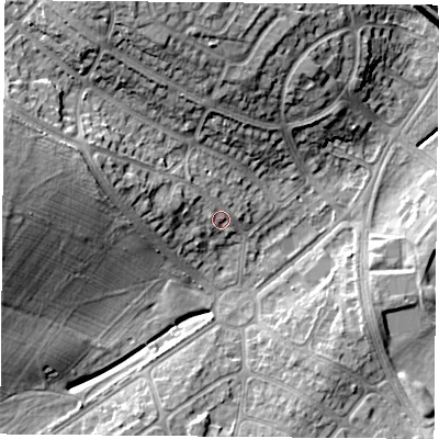 Shaded relief map of the ground around LE31NX, computed from Environment Agency LiDAR. The ground here sits at about 67 m above sea level and falls 18 m across the surrounding 800 m. Surface water reaching this point runs off ground lying to the west-north-west, 2.8 m higher.