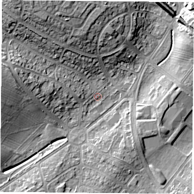 Shaded relief map of the ground around LE31NY, computed from Environment Agency LiDAR. The ground here sits at about 65 m above sea level and falls 20 m across the surrounding 800 m. Surface water reaching this point runs off ground lying to the west, 5.7 m higher.
