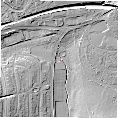 Shaded relief map of the ground around LE31QZ, computed from Environment Agency LiDAR. The ground here sits at about 75 m above sea level and falls 17 m across the surrounding 800 m. Surface water reaching this point runs off ground lying to the west-south-west, 12.2 m higher.