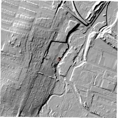 Shaded relief map of the ground around LE32BU, computed from Environment Agency LiDAR. The ground here sits at about 58 m above sea level and falls 20 m across the surrounding 800 m. Surface water reaching this point runs off ground lying to the west-north-west, 17.5 m higher.