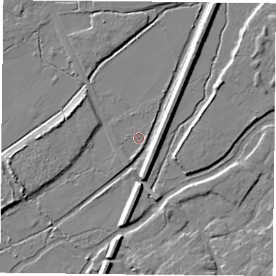 Shaded relief map of the ground around LE32DF, computed from Environment Agency LiDAR. The ground here sits at about 58 m above sea level and falls 8 m across the surrounding 800 m. Surface water reaching this point runs off ground lying to the south-south-west, 1.9 m higher.