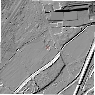 Shaded relief map of the ground around LE32DG, computed from Environment Agency LiDAR. The ground here sits at about 58 m above sea level and falls 17 m across the surrounding 800 m. Surface water reaching this point runs off ground lying to the south-south-west, 6.9 m higher.