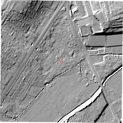 Shaded relief map of the ground around LE32FA, computed from Environment Agency LiDAR. The ground here sits at about 59 m above sea level and falls 18 m across the surrounding 800 m. Surface water reaching this point runs off ground lying to the north-west, 0.8 m higher.