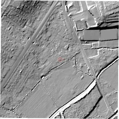Shaded relief map of the ground around LE32FB, computed from Environment Agency LiDAR. The ground here sits at about 59 m above sea level and falls 18 m across the surrounding 800 m. Surface water reaching this point runs off ground lying to the north-north-east, 0.6 m higher.