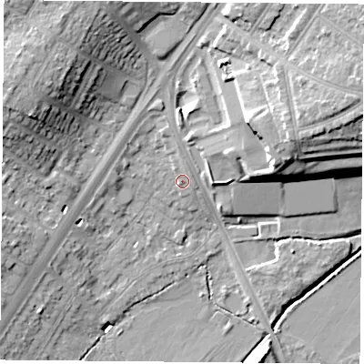 Shaded relief map of the ground around LE32FD, computed from Environment Agency LiDAR. The ground here sits at about 61 m above sea level and falls 19 m across the surrounding 800 m. Surface water reaching this point runs off ground lying to the north, 1.5 m higher.